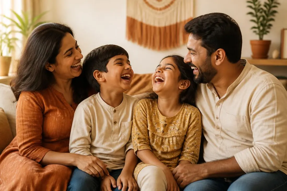 Happy Indian family laughing together at home