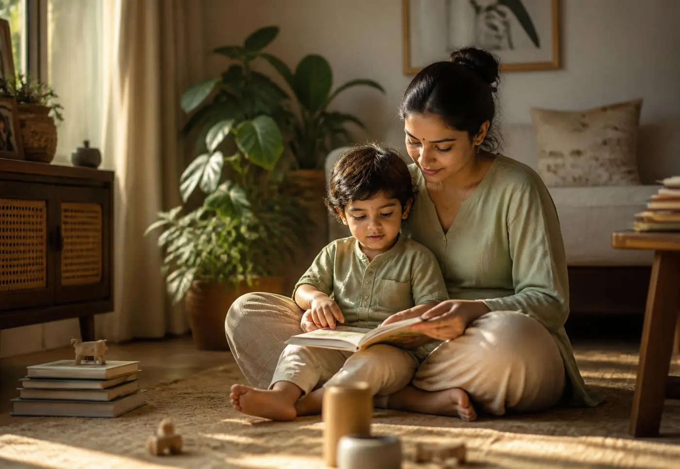 Indian mother sitting calmly with her child at home